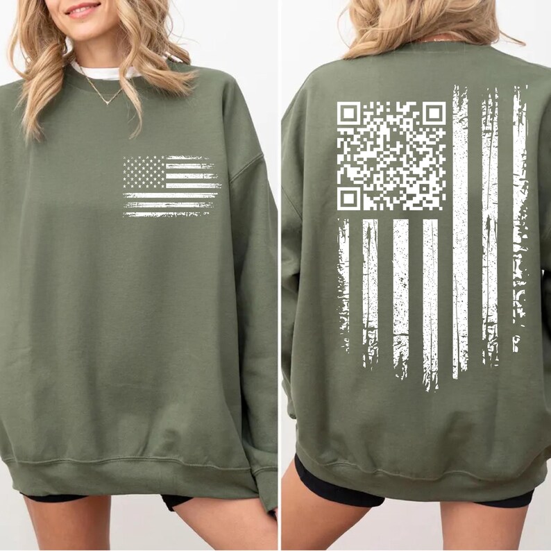 The image is a collage of two photos of a woman wearing a green sweatshirt with an American flag design and a QR code on the back.