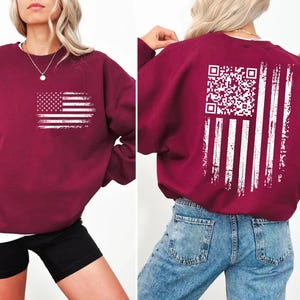 The image is a collage of two photos. In the first photo, a woman is wearing a burgundy sweatshirt with an American flag design on the front. In the second photo, the woman is wearing a maroon sweatshirt with a white barcode design on the back.
