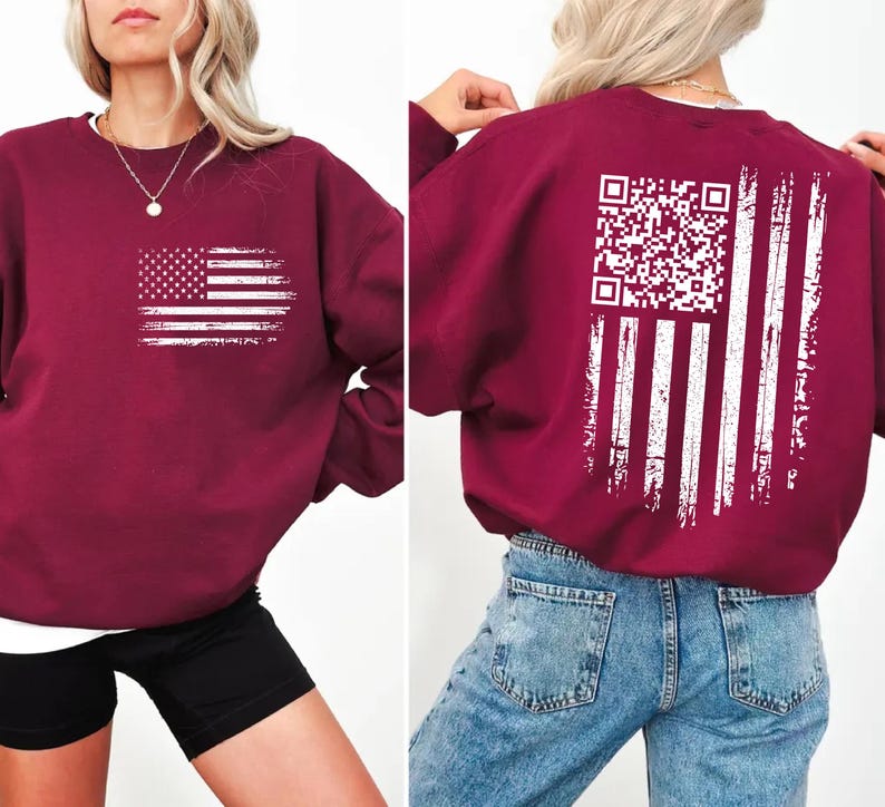 The image is a collage of two photos. In the first photo, a woman is wearing a burgundy sweatshirt with an American flag design on the front. In the second photo, the woman is wearing a maroon sweatshirt with a white barcode design on the back.