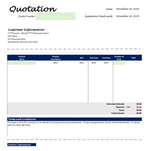 May include: A blank quotation form with the title "Quotation" and the date November 18, 2024. The form includes sections for customer information, product details, and terms and conditions.