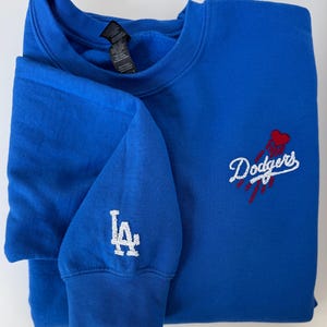 Hand Embroidered Dodgers Sweatshirt: Royal Blue Cotton Crewneck Baseball Longsleeve