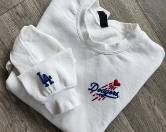 Hand Embroidered Dodgers White Sweatshirt: Baseball Fan Gift