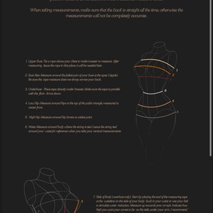 May include: Diagram showing how to take body measurements for a corset. The diagram shows a female figure with lines indicating where to measure. The text describes each measurement in detail.