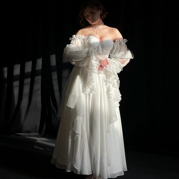 chiffon dress, chiffon wedding dress, chiffon corset dress, dress with embellishments, corset dress, custom-made dress, volume skirt dress