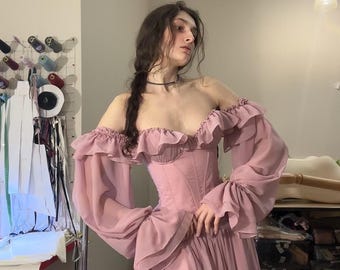 chiffon dress, pink press, chiffon pink dress, chiffon corset dress, dress with slit, dress with long skirt, pink corset, skirt with slit
