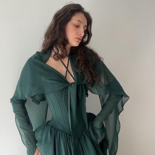 Corset, dress, chiffon dress, wedding dress, night dress, dress with untouchable sleeves, dress transformer, green dress, tighten corset