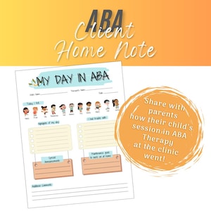 Può includere: Un foglio di lavoro stampabile intitolato "My Day in ABA" con sezioni per "Today I felt", "Highlights of my day", "I had trouble with", "Special Announcements", "Maintenance goals to work on at home" e "Additional Comments". Il foglio di lavoro include anche una riga di facce di bambini dei cartoni animati.