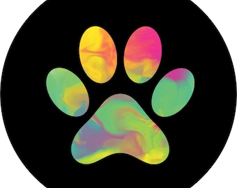 May include: A colorful paw print with a tie-dye pattern on a black background.