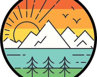 May include: A colorful retro-style illustration of a mountain landscape with a sun, birds, trees, and a lake. The colors are orange, yellow, green, blue, and white.