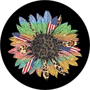 Sunflower Leopard American Flag - Spare Tire Covers for all make and models. All tire sizes available, Made in USA. Backup camera available