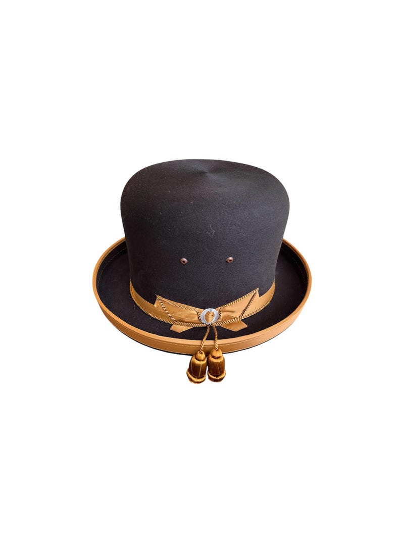 May include: A black felt fedora hat with a brown leather band and gold trim. The hat has two tassels hanging from the band.