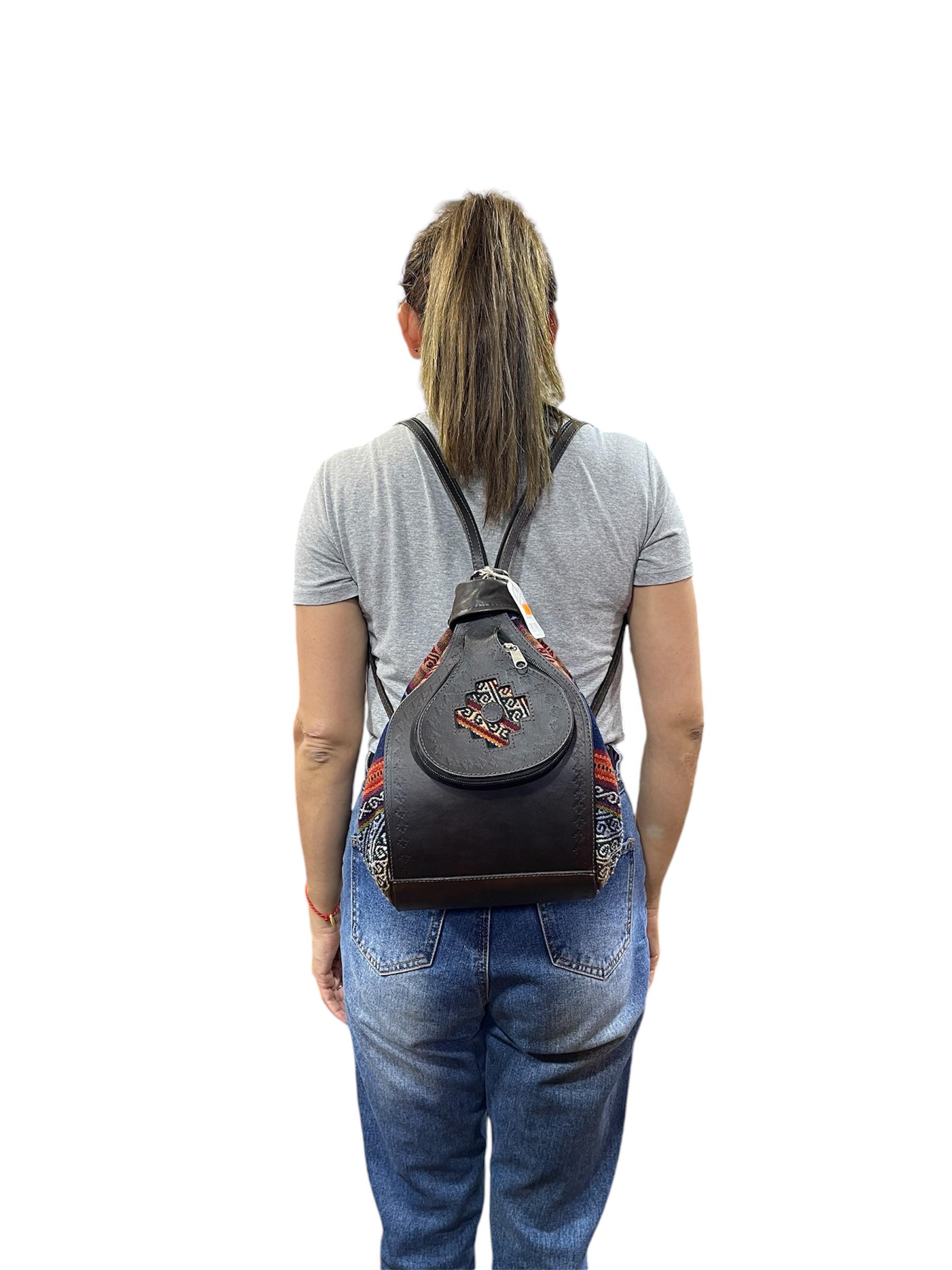 Authentic Handmade Incan Andean Textile and Leather Rolltop Backpack Handmade Peruvian Embroidered Backpack, Andean Floral Boho  main image 3