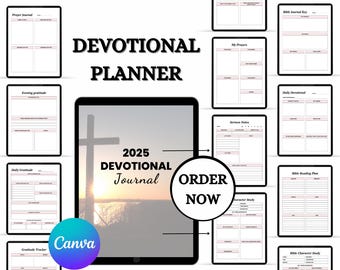 Puede incluir: Un planificador devocional digital con páginas para la oración, la gratitud y el estudio bíblico. La imagen central presenta una cruz con un fondo de puesta de sol. El texto incluye "Devotional Planner", "2025 Devotional Journal" y "Order Now".