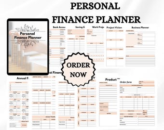 May include: A digital personal finance planner with various sections for tracking finances, including bank accounts, savings, and business planning. The planner includes an "Order Now" button and the text "Personal Finance Planner".