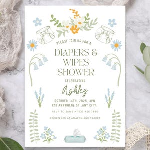 Invito per baby shower con pannolini e salviette, invito per baby shower con fiori primaverili, invito per baby shower con pannolini, bambina, bambino, modello modificabile, DOWNLOAD IMMEDIATO
