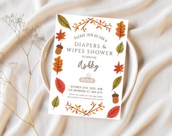 Zaproszenie na jesienny baby shower: motyw pieluszek i chusteczek (szablon edytowalny, wersja cyfrowa do pobrania)