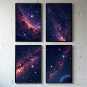 Set of 4 Pixel Art Space Posters, Cosmic Pixel Art Prints, Space Art Wall Poster, Deep Space Nebula, 8bit Aesthetic, Digital Prints Download