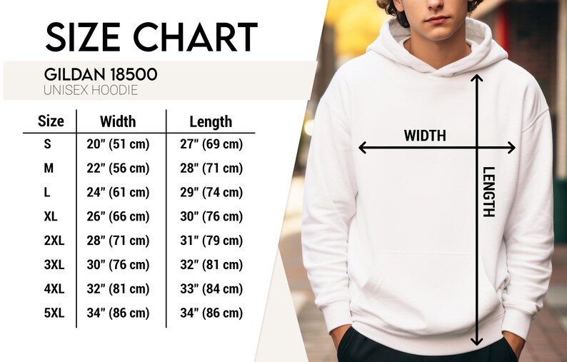 May include: A white unisex hoodie with a size chart. The chart shows measurements for sizes S to 5XL, with widths ranging from 20 inches (51 cm) to 34 inches (86 cm) and lengths from 27 inches (69 cm) to 34 inches (86 cm).