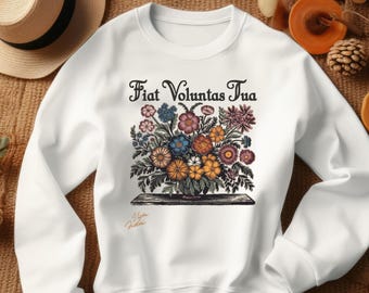 Fiat Voluntas Tua Crewneck Sweatshirt | Catholic Marian Apparel, Faith Gift