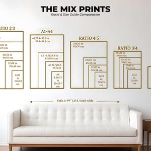 May include: A guide to different print sizes and ratios, with examples of how they would look on a wall above a sofa. The guide includes measurements in inches and centimeters. The text reads "The Mix Prints, Ratio & Size Guide Comparation".