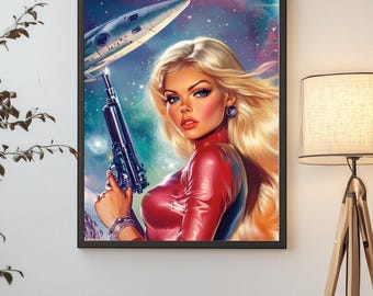 May include: A woman in a red jumpsuit holds a futuristic gun, with a spaceship in the background. The image is set against a starry sky.