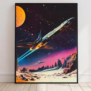 Retro-Futuristic Space Poster | Vintage Sci-Fi Art Print | 1970s Nostalgic Space Scene | Cosmic Wall Decor