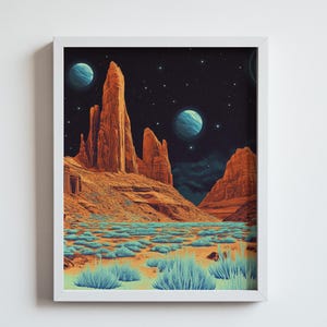 Retro Futuristic Sci-Fi Landscape Poster | Surreal Desert Wall Art | Vintage Space Aesthetic Print | Bioluminescent Cosmic Decor