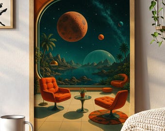 May include: A framed art print depicts a retro-futuristic scene with a large planet, palm trees, and orange chairs. The artwork is in a wooden frame, with a smaller framed print to the left. A mug, tray, and candle are in the foreground.