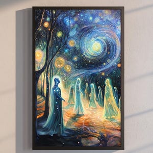 May include: A painting depicting a group of figures walking through a forest at night. The sky is filled with stars and a swirling galaxy. The figures are glowing with light and appear to be ethereal.