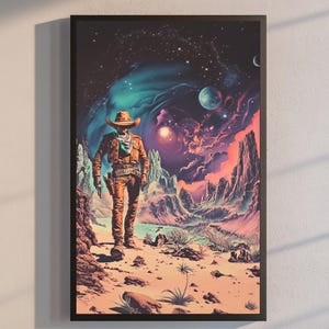 Space Cowboy Wall Art | Retro Sci-Fi Western Poster | Alien Planet Matte Print | Surreal Futuristic Decor | Vintage Cosmic Gift Idea