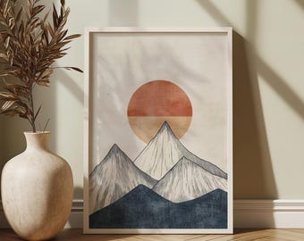 Minimalistiskt konsttryck med bergslinjer | Boho landskap med uppgående sol