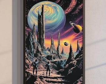Retro Futuristic Sci-Fi Wall Art Print | Cosmic Landscape with Galaxy & Planets | Large Vertical Poster | Surreal NASA Space Decor