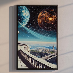 Retro Futuristic Space Terrace Wall Art | Sci-Fi Galaxy Poster with Planets & Stars | Surreal Vintage Cosmic Print | Celestial Decor