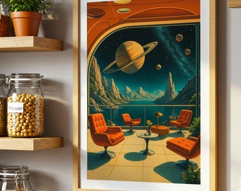 May include: A framed art print depicts a retro-futuristic space scene. The artwork features a planet with rings, a starry sky, and a lounge area with orange chairs and a small table. The print is in a wooden frame and is displayed on a wall next to wooden shelves.