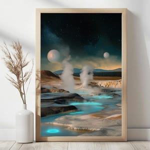 Wall Art | Sci-Fi Geysers Print | Cosmic Surreal Landscape | Vintage Space Aesthetic | Bioluminescent Nature Decor