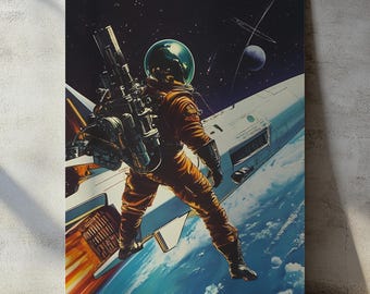 Póster espacial retro de ciencia ficción: arte mural futurista de los 80