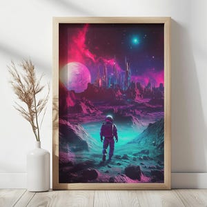 Retro Futuristic Space Poster | Neon Sci-Fi Astronaut Print | Cosmic Adventure Wall Art | 80s Sci-Fi Movie Style | Alien Planet Decor