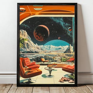 Retro-Futuristic Space Terrace Art | Surreal Cosmic View with Galaxy Skies | Vintage Sci-Fi Home Decor Print | Dreamy Space Landscape