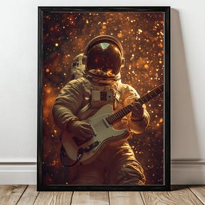 Astronauta tocando la guitarra en una sala de estar de los años 70 / Arte mural retro de ciencia ficción / Póster espacial surrealista / Decoración de habitación vintage / Impresión del Apolo 11
