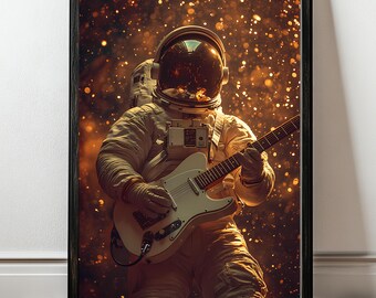 May include: An astronaut wearing a white spacesuit plays an electric guitar in front of a background of orange and gold sparks.