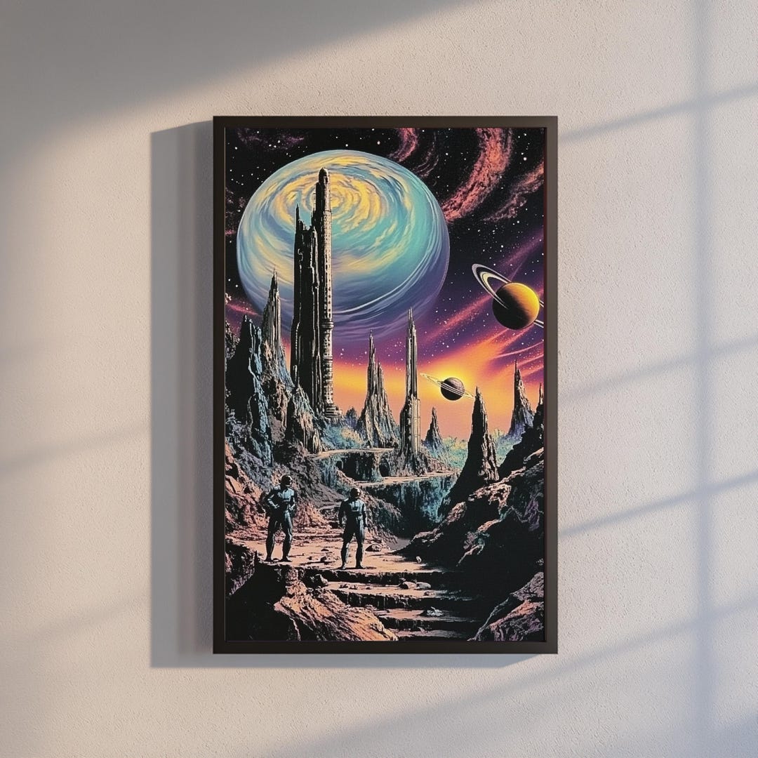Retro Futuristic Sci-fi Wall Art Print | Cosmic Landscape With Galaxy ...