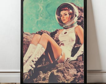 May include: A woman wearing a white spacesuit and helmet sits on a rocky surface. The background is a swirling blue and green nebula.