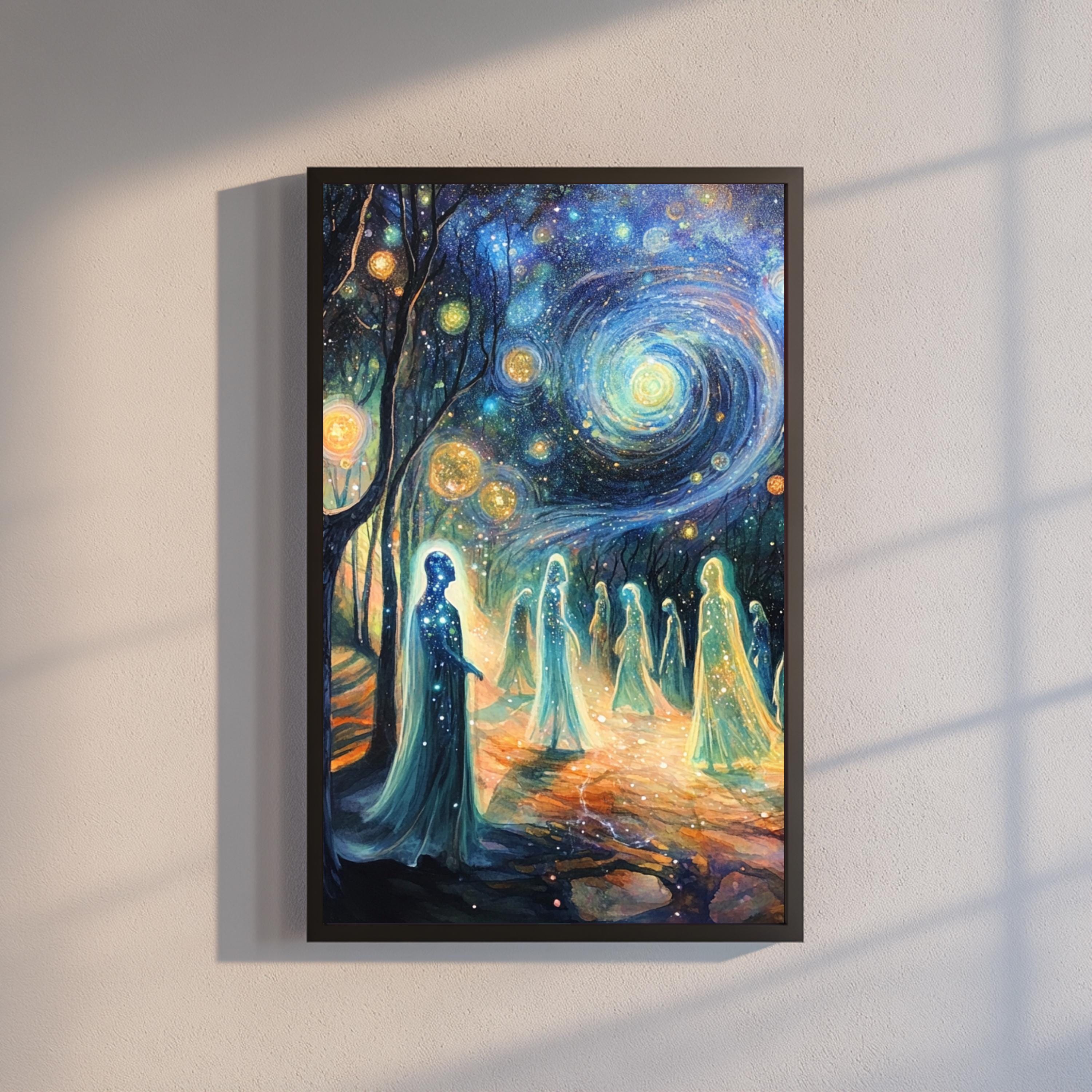 Ethereal Cosmic Forest Poster | Mystical Celestial Beings in a Glowing Galaxy | Surreal Space Fantasy Art | Retro Sci-Fi Wall Decor