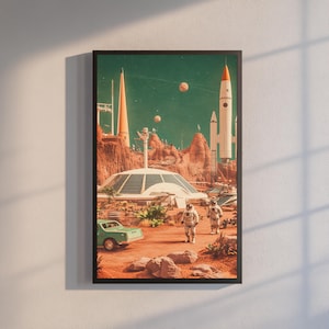 Retro Mars kolonie kunst aan de muur | Sci-Fi City-poster uit de jaren 60 | Vintage futuristische ruimteprint | Marslandschap uit het midden van de eeuw | Astronautendecoratie