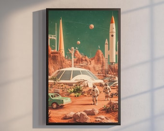 Retro Mars Colony Wall Art | 1960s Sci-Fi City Poster | Vintage Futuristic Space Print | Mid-Century Martian Landscape | Astronaut Decor