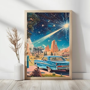 Vintage Cosmic Wall Art | Paar zu Fuß unter Sternen Druck | 60er Jahre Muskelauto Poster | Surreale Retro Parkszene | Sternenklare Nacht Wohnkultur