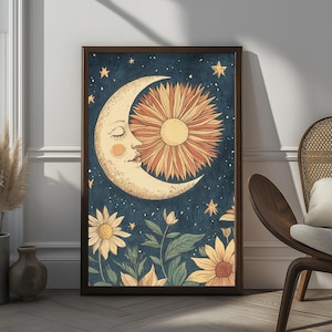 Impression d&#39;art mural Boho soleil et lune | Affiche florale céleste | Décoration botanique lune aux tons terreux | Art spirituel du soleil pour chambre à coucher ou chambre d&#39;enfant