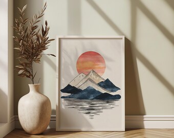 Bergsoluppgång Linjekonsttryck | Minimalistiskt Boho Landskap