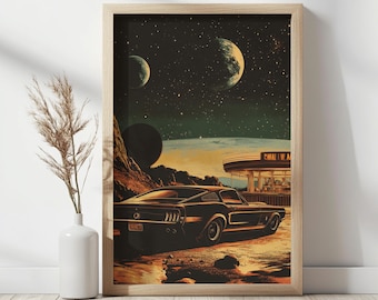 Retro Futuristic 60s Car Poster | Sci-Fi Diner Wall Art | Vintage Space Exploration Print | Cosmic Muscle Car Artwork | Alien Planet Decor
