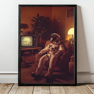 Póster retro de ciencia ficción, arte mural de astronauta vintage, impresión surrealista para sala de estar de los años 70, decoración espacial melancólica, grano de película cinematográfica, mate vertical